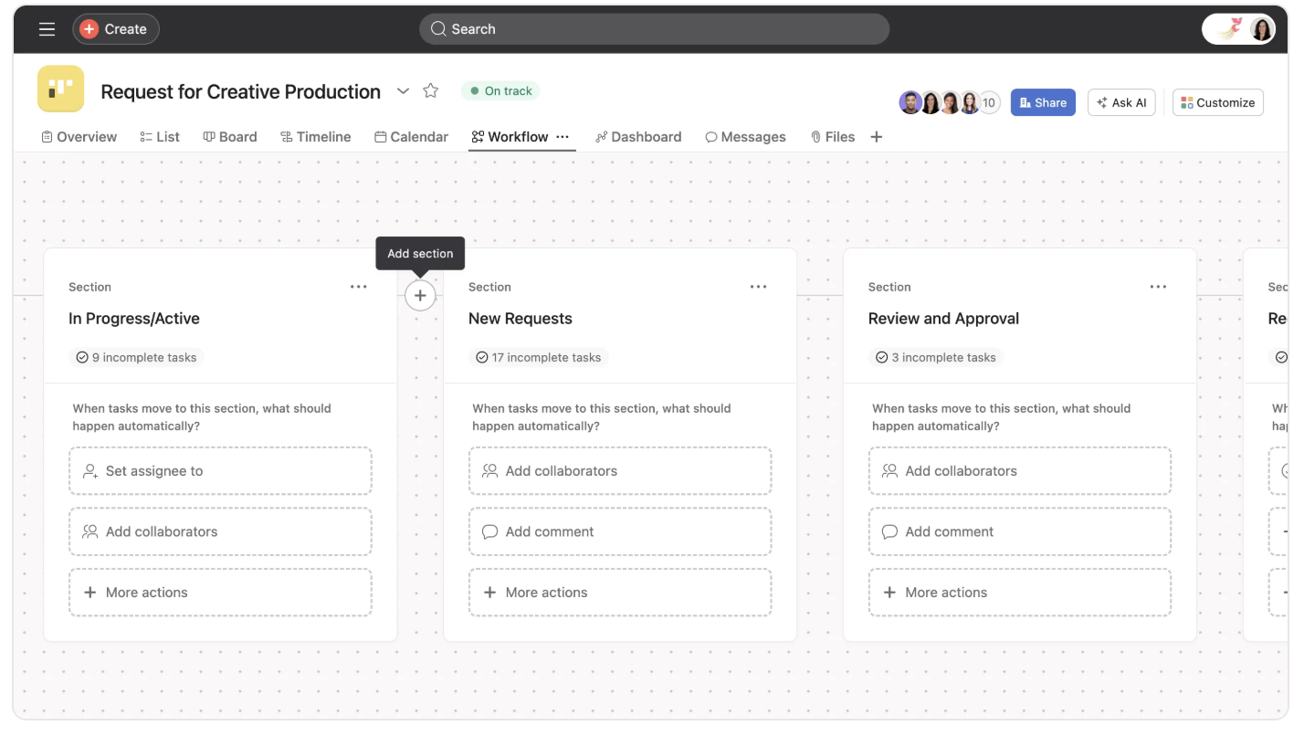 Workflow set in Asana software