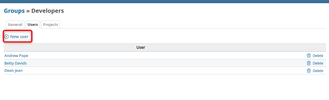  Example Group Users tab&nbsp;Redmine software