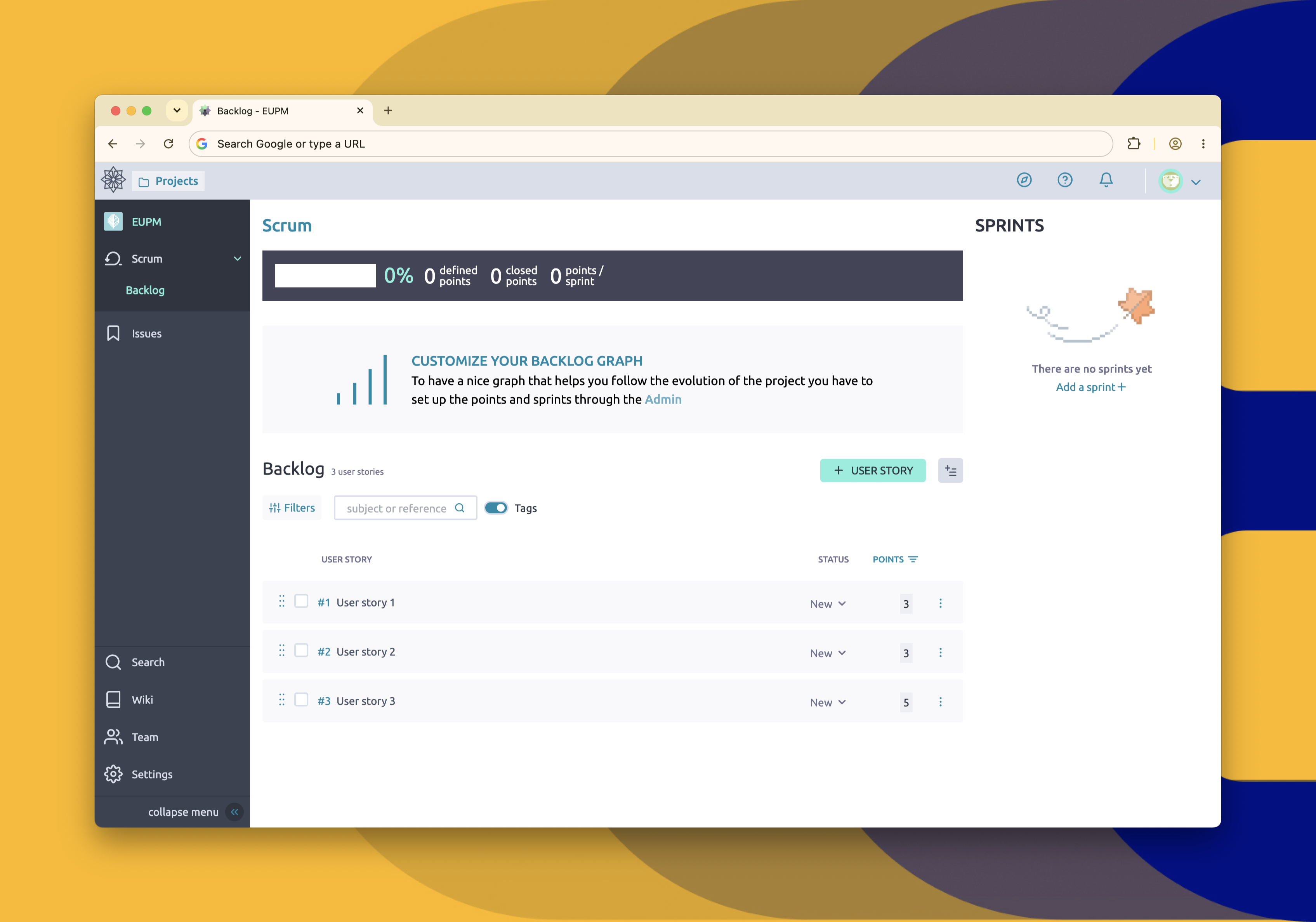 Scrum board in Taiga software
