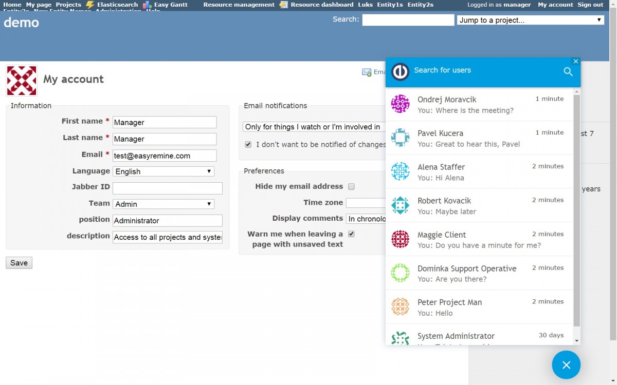 Redmine Project chat Conversation list